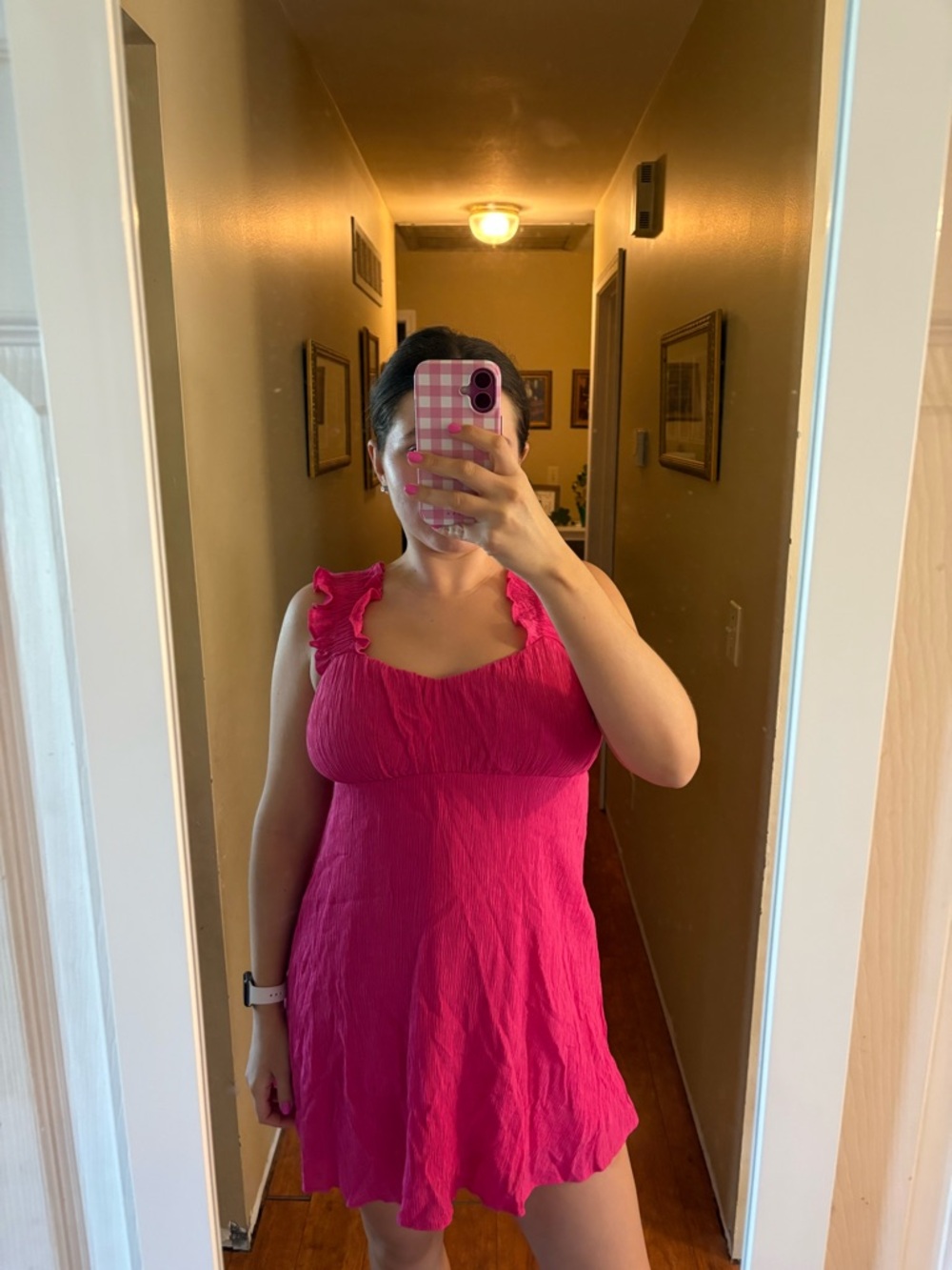 Pink Ruffled Strap Mini Dress